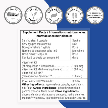 Supersmart Complete K – Vitamin K1 MK4 MK7 Full Spectrum – Non-GMO, Gluten Free | 60 Veg Capsules