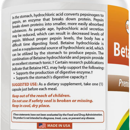 Best Naturals Betaine HCL 648 mg - 250 Capsules (Pack of 2)