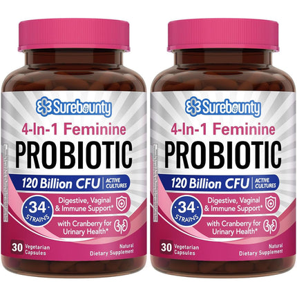Surebounty Probiotics for Women - 120B CFU, 34 Strains, 4-in-1 Probiotic, 60ct (Pack of 2)
