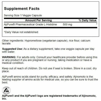 Swanson L-Histidine with Ajipure 500 mg - 60 Veg Caps (2 Pack)