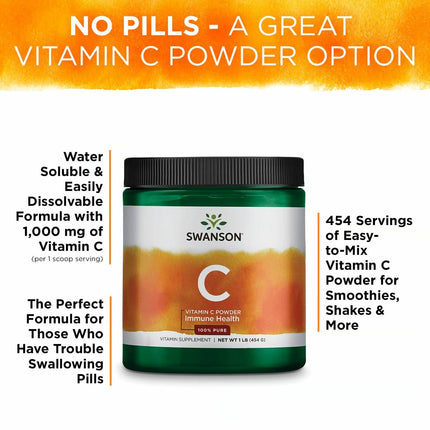 Swanson Vitamin C Powder 100% Pure Ascorbic Acid – Immune Support, Skin & Cardiovascular Health | 1000 mg per Serving, 1 lb, 3 Pack