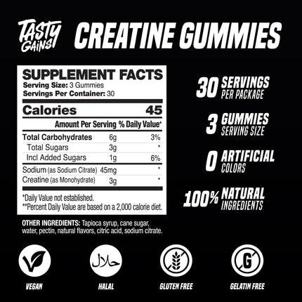 TASTY GAINS Creatine Gummies – 90g Creatine Monohydrate, Muscle Support, Vegan, Made in USA (Blue Raspberry)