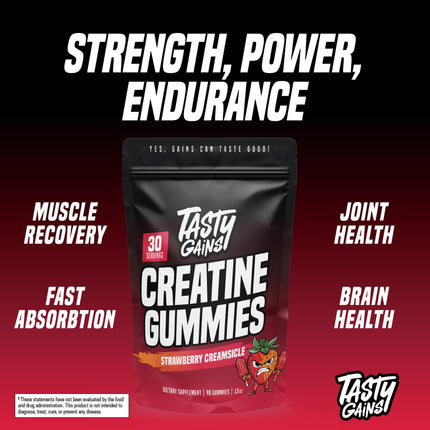 TASTY GAINS Creatine Gummies – 90g, 1g Monohydrate per Gummy, Made in USA