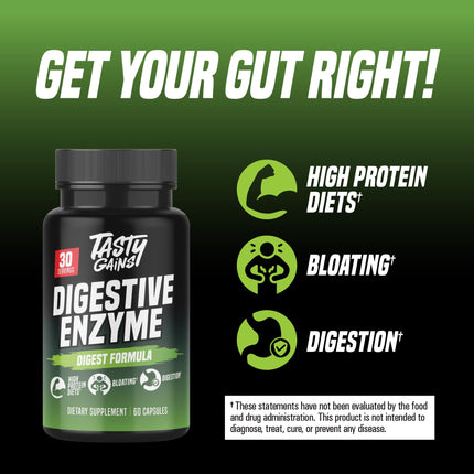 TASTY GAINS Digestive Enzymes – Gut Health & Bloating Relief (60 Capsules)