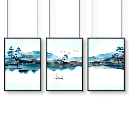 3 Wall Art Set – Teal Japanese Landscape Prints