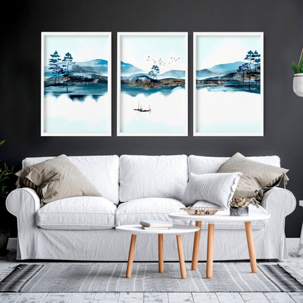 3 Wall Art Set – Teal Japanese Landscape Prints