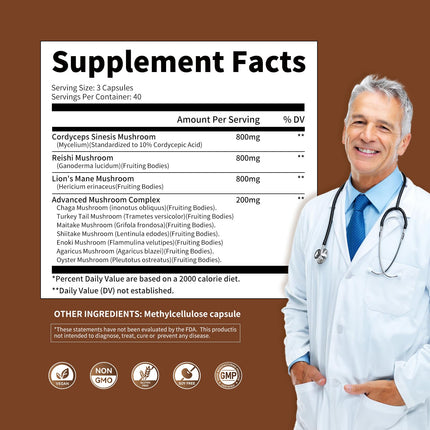 Mushroom Complex 2600mg - 120 Capsules | 10-Mushroom Blend (Reishi, Lions Mane, Cordyceps)