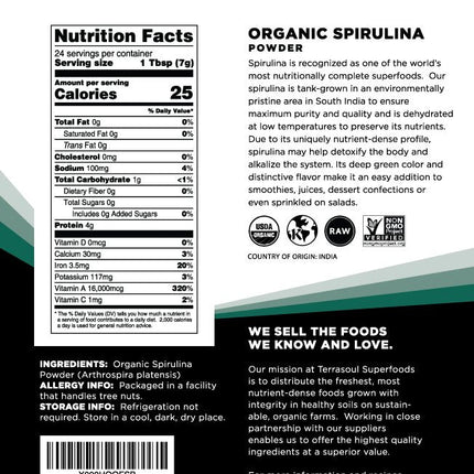 Terrasoul Organic Spirulina Powder – 6 oz (Pack of 2) | Vegan Protein & Green Superfood