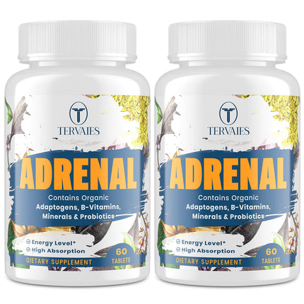 Tervaies Adrenal Support Adaptogen Supplements – Rhodiola, Ashwagandha, Holy Basil & Eleuthero | 120 Vegan Tablets