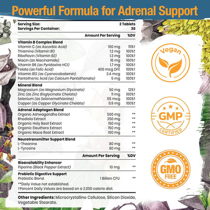 Tervaies Adrenal Support Adaptogen Supplements – Rhodiola, Ashwagandha, Holy Basil & Eleuthero | 120 Vegan Tablets