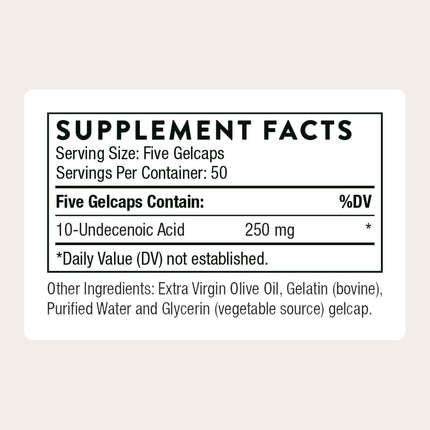 THORNE Undecylenic Acid 250 mg – Supports Gut & Vaginal Flora, Gluten Free • 250 Gelcaps, 50 Servings