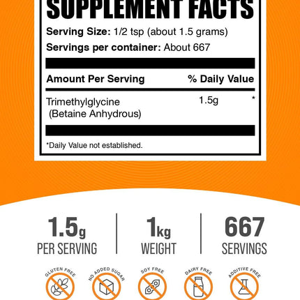 BulkSupplements TMG Powder - Trimethylglycine Betaine Anhydrous 1.5 g Serving, 1 kg