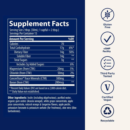 Trace Minerals Fiber 14g - Digestive Health & Colon Support | Gluten-Free, Vegan, Orange Tangerine Flavor | 15 fl oz