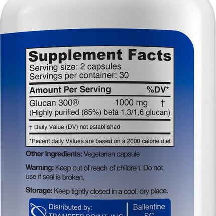 Transfer Point Immune Support: Highly Purified Beta 1,3D Glucan 500 mg Capsules (Pack of 2)