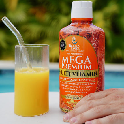Tropical Oasis Mega Premium Liquid Multivitamin – 1333% Vitamin C, 200% Vitamin D3, Zinc | 32 Servings | Sugar Free | Orange