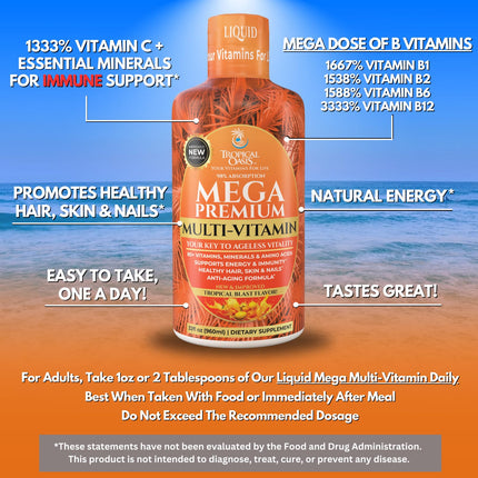 Tropical Oasis Mega Premium Liquid Multivitamin – 1333% Vitamin C, 200% Vitamin D3, Zinc | 32 Servings | Sugar Free | Orange