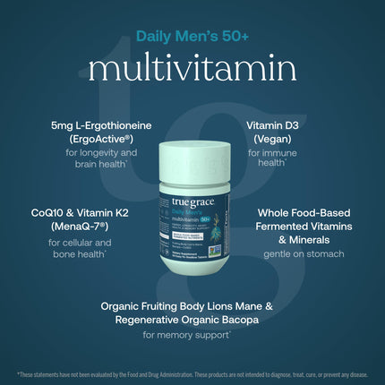 True Grace Daily Men’s Multivitamin 50+ | 60 Easy-to-Swallow Tablets | Immune, Energy, Longevity & Memory Support | Gluten Free, Soy Free, Vegan | 30 Servings