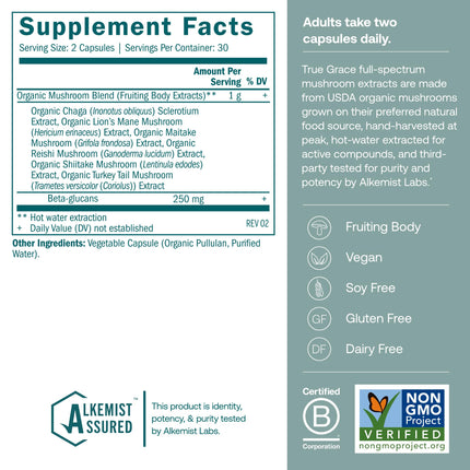 True Grace Mushroom Myco-Renew Blend - Organic Immune Support, 60 Count Capsules
