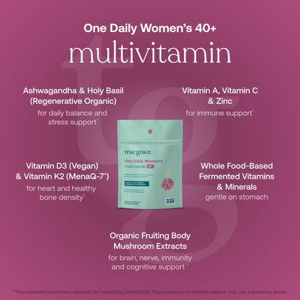 True Grace One Daily 40+ Multivitamin with Fermented Minerals, Organic Adaptogens & Mushrooms - Non-GMO, Gluten & Soy Free, 90 Vegan Tablets