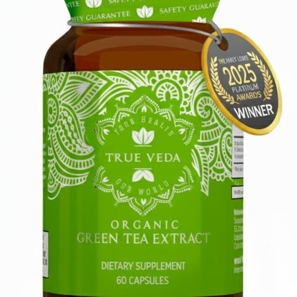 True Veda USDA Organic Green Tea Extract Capsules with EGCG – 60 Vegan Capsules, Low Caffeine
