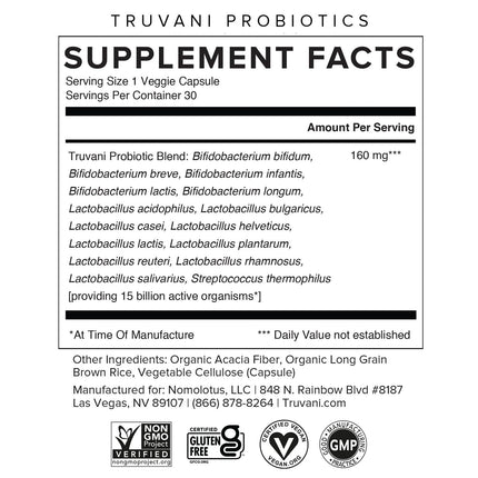 Truvani Probiotic Supplement | 30 Servings, 15B CFU | Vegan, Non-GMO