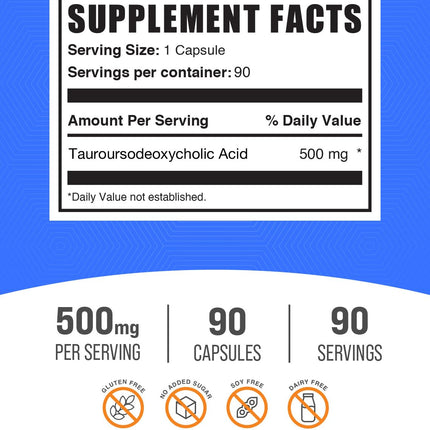 BulkSupplements TUDCA Capsules - Tauroursodeoxycholic Acid 500mg | Gluten Free | 90 Capsules