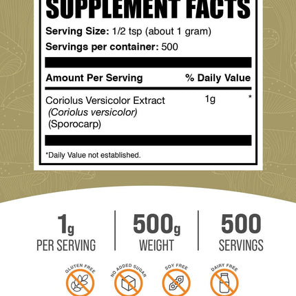 Turkey Tail Mushroom Extract Powder - Coriolus Versicolor | 1g/Serving, 500g | BulkSupplements