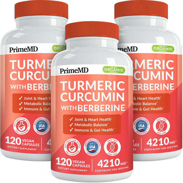 PrimeMD 5-in-1 Organic Turmeric Curcumin with Berberine & Bioperine – 120 ct (Pack of 3)