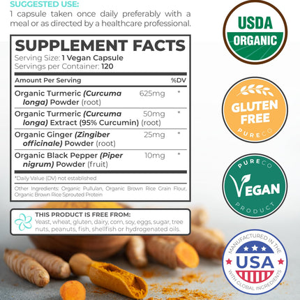 Organic Turmeric Ginger Black Pepper Supplement - High Potency Curcumin, 2 Month Supply