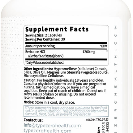 Type Zero Berberine HCL 1200mg 60 Capsules – Pack of 2 | Clean, Non-GMO, Gluten Free