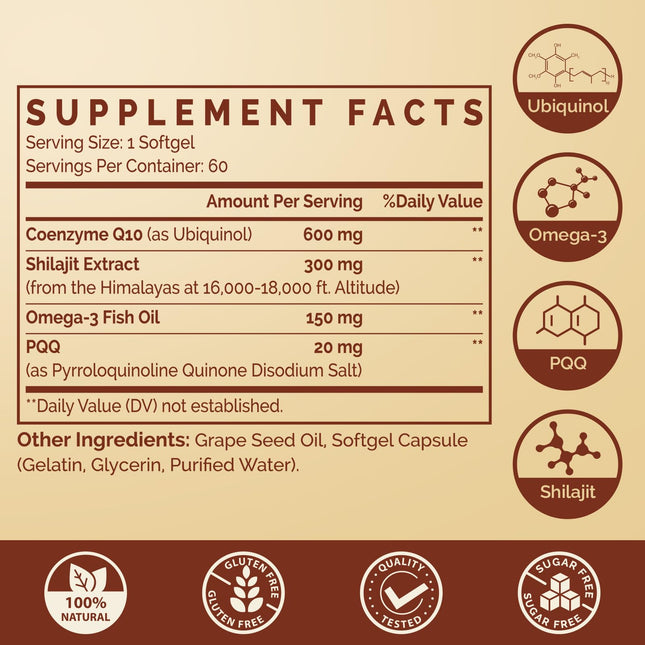 Ciaceae Ubiquinol CoQ10 600 mg Softgels with Omega-3 & Shilajit + PQQ – Dual-Delivery CoQ10 for Energy, Heart & Brain | 60 Servings