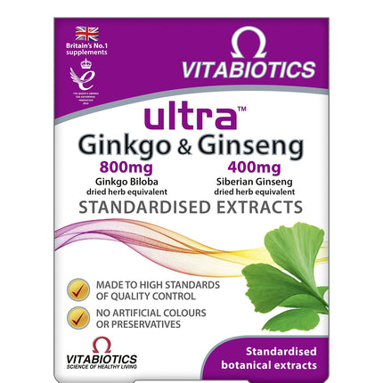 Ultra Ginkgo and Ginseng Tablets - Pack of 60 | Brain & Energy Support