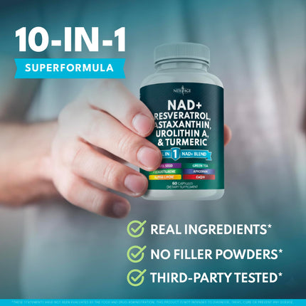 NAD+ Supplement with Astaxanthin, Urolithin A, Resveratrol & CoQ10 | Cellular Energy & Mitochondrial Support | Vegan, Non-GMO | 60 Count
