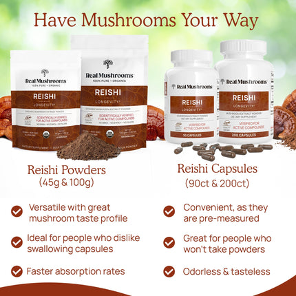 Real Mushrooms Reishi Powder – Organic Red Reishi Extract, 45 Servings, Beta-Glucans