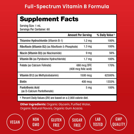 USDA Organic Vitamin B Complex Liquid Drops – Vegan Berry, 2oz (60 Servings)