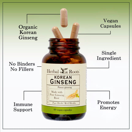 Herbal Roots Panax Ginseng | Organic Korean Ginseng Root Powder 1000mg | High Ginsenosides for Energy & Performance | 60 Vegan Capsules