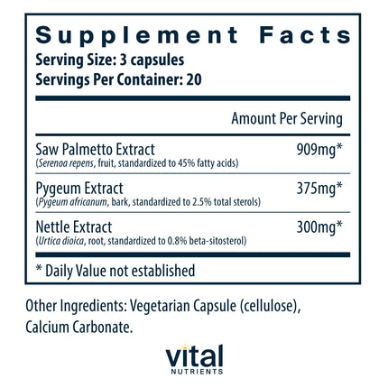 Vital Nutrients Saw Palmetto with Pygeum & Nettle Root – Vegan Prostate Support, 60 Capsules