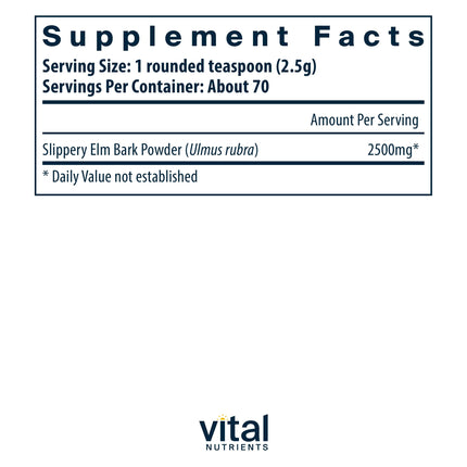 Vital Nutrients Slippery Elm Bark Powder 2500mg - Leaky Gut Support, Vegan, Non-GMO, Gluten/Dairy/Soy Free