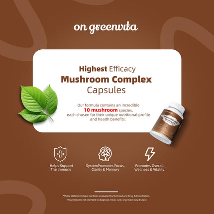 Mushroom Complex 2600mg - 120 Capsules | 10-Mushroom Blend (Reishi, Lions Mane, Cordyceps)