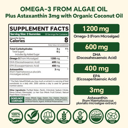 Vegan Omega 3 Gummies 1200mg - Dual Layer Algae DHA 600mg / EPA 400mg