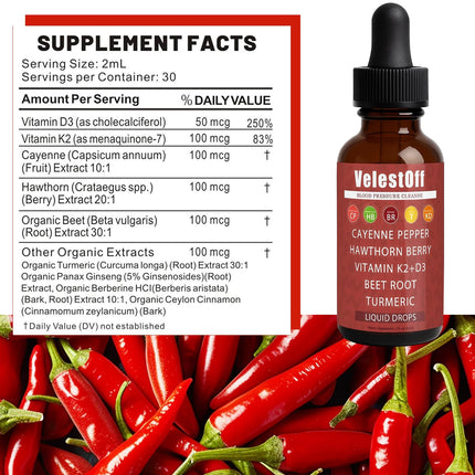 Velestoff Cayenne Pepper Drops – Organic Cayenne Pepper Liquid Supplement with Hawthorn, Beet Root, Turmeric, Vitamin K2+D3 & Berberine Extract | Improves Stamina & Boosts Energy