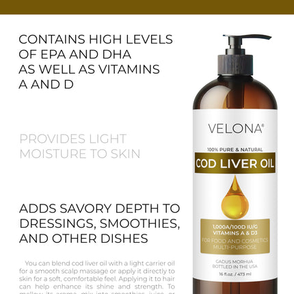 Velona Cod Liver Oil 16 oz | Omega-3 & Vitamins A & D3 | Arctic Norwegian