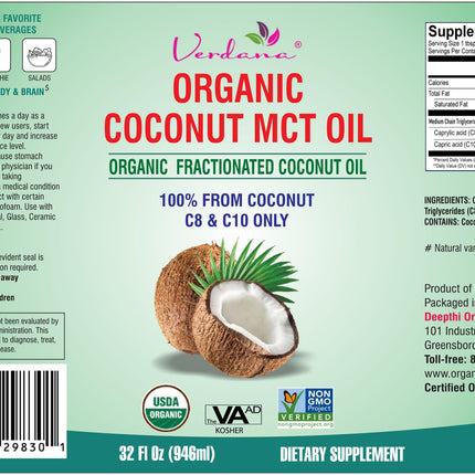 Verdana USDA Certified Organic Coconut MCT Oil – Fractionated Coconut Oil, No Palm Kernel Used, Kosher, Non-GMO, Food Grade – 1 Gallon