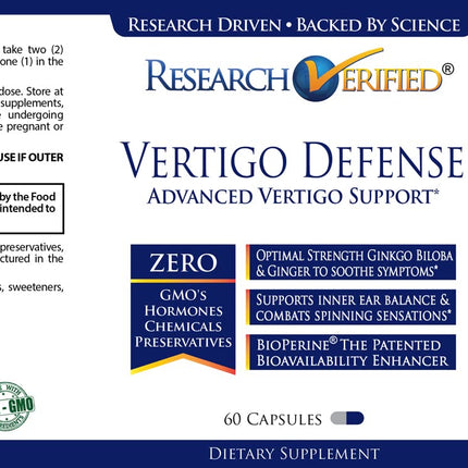 Research Verified Vertigo Defense - Vitamin D3, Ginger & Ginkgo Biloba | 60 Capsules