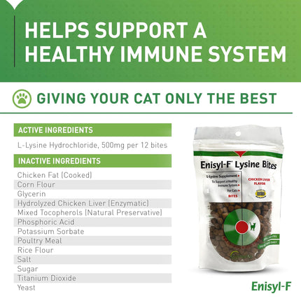 Vetoquinol Enisyl-F Lysine Bites: L-Lysine Chews for Cats & Kittens - Chicken Liver-Flavor, 6.4oz (180g) Recloseable Bag
