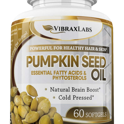 Vibraxlabs Pumpkin Seed Oil - 1000mg Cold Pressed Softgels | Hair Growth, Youthful Skin & Bladder Support | 60 Softgels