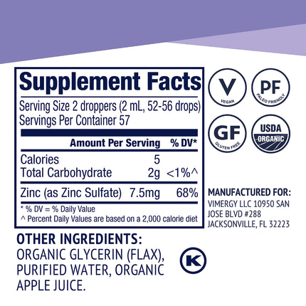 Vimergy Organic Zinc Drops – 7.5 mg Liquid Zinc for Immune Support