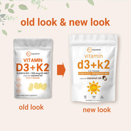 Vitamin D3 5000 IU + K2 MK-7 100 mcg – 300 Softgels, Virgin Coconut Oil