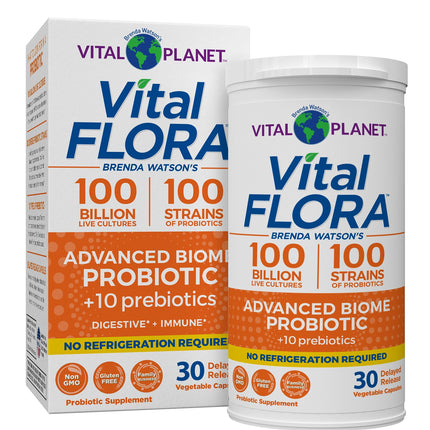 Vital Flora Advanced Probiotic 100 Billion CFU - 100 Strains, 10 Organic Prebiotics | Vital Planet