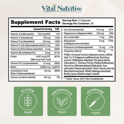 VITAL NUTRITIVE Vital Hair Complex – Biotin & Vitamin B Hair Vitamins for Women & Men (Hormone-Free, Gluten-Free)